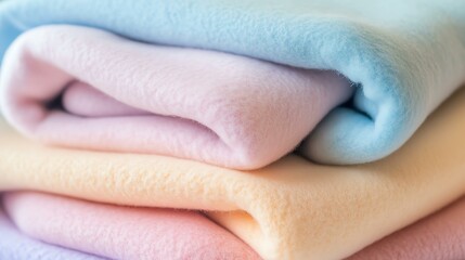 Soft pastel-colored fleece blankets stacked neatly.