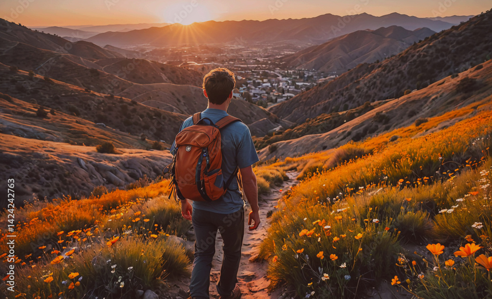Aufkleber Man is walking on a trail in the mountains with a backpack. The sun is setting in the background, creating a warm and peaceful atmosphere