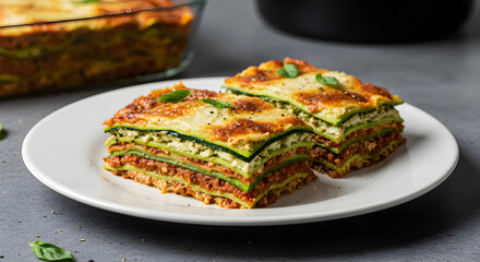 Delicious Zucchini Lasagna Layers With Fresh Basil On A White Plate
