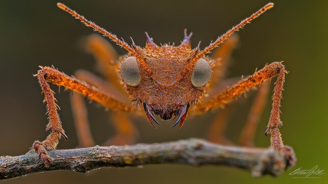 Close-up of a spiny insect on a twig.  Detailed view of its textured, rust-colored body and prominent antennae.  Large, segmented legs and formidable mandibles are visible