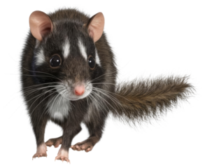 Dark furred rodent with long tail and white markings, transparent background png
