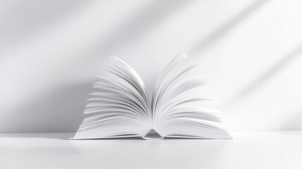 Open book on white surface with soft shadows
