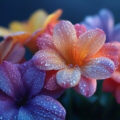 Morning dew on blooming flower petals high resolution picture