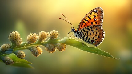 Obraz premium Butterfly perched on plant, sunset light