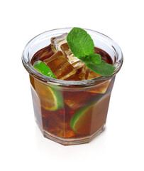 Tasty Cuba Libre cocktail in glass isolated on white