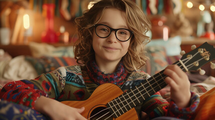 A teenage girl with blond curly hair and glasses plays her ukulele enthusiastically, seated in a colorful sweater amidst a cozy, well-decorated room filled with warmth and light