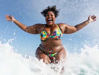 Portrait of a joyful Black woman laughing at the shoreline. Her swimwear sparkles in the sun as ocean waves crash behind her in a carefree, tropical moment.