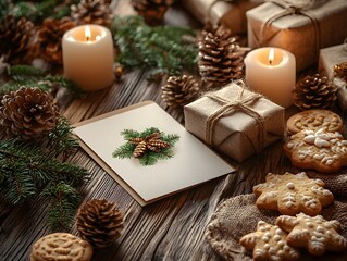 Christmas gift card with candles pinecones and cookies on a rustic wooden table