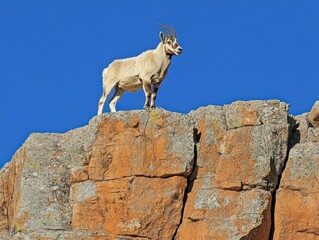 Lone goat atop rocky cliff against vibrant blue sky