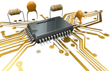Microchip and Electronic Components on Circuit Board, transparent background png
