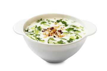 Fresh tasty cucumber soup isolated on white