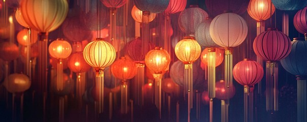 Many colorful chinese paper lanterns hanging at night lighting up the black background