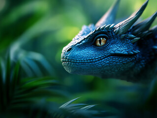 Fototapeta premium detailed blue dragon with intricate scales and piercing eye, surrounded by lush green foliage, evokes sense of wonder