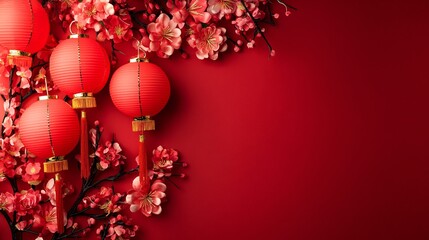 Fototapeta premium Red lanterns and flowers creating festive chinese new year background