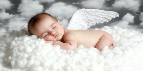Sleeping baby with angel wings resting on white soft cloud.