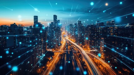 Fototapeta premium Smart City Night Lights Network Connectivity Urban Skyline