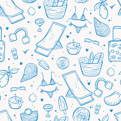 Sea life doodle hand drawn seamless pattern. Mediterranean life in blue color