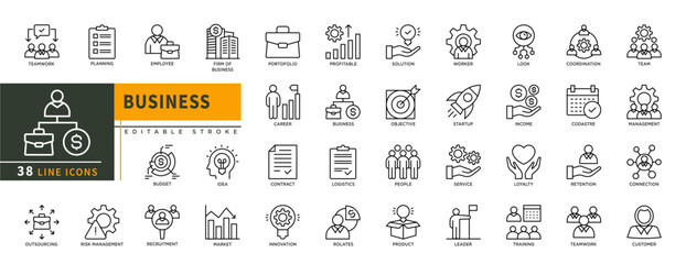 Minimalist Business line icon set with editable stroke, featuring teamwork, planning, employee, firm of business, portofolio, career, idea, contract, budget, objective, thin linear illustration.
