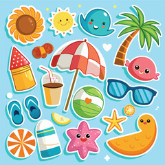 Summer fun stickers Beach vibes in cute vector art