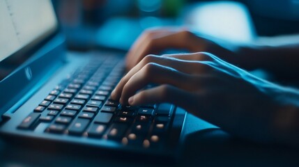 Typing on Illuminated Keyboard in Dim Blue Light, Futuristic Technology Theme