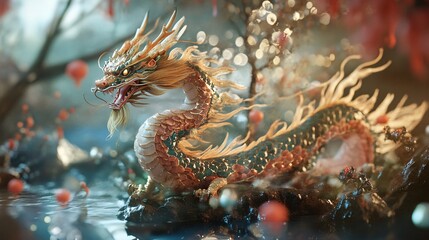 Obraz premium Golden chinese dragon standing on a rock surrounded by lights and water