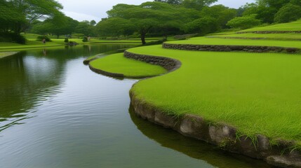 Lush green landscape with tranquil water reflection and serene curved pathways