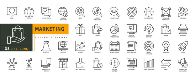 Minimalist Marketing line icon set with editable stroke, featuring like, people, social media, global business, SEO, gift, store, strategy, discount, market precentage, product, sales. illustration.