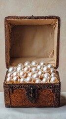 Antique wooden jewelry box filled with glossy white pearl necklaces or decorative pearls on a beige surface with a plain background