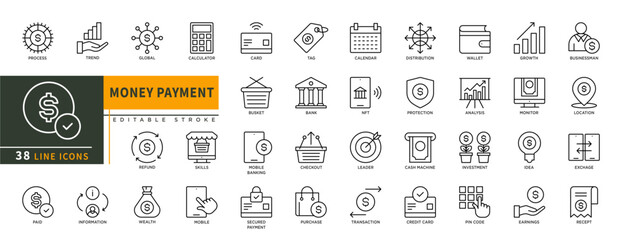 Minimalist Money Payment line icons set with editable stroke, featuring process, trend, global, calculator, tag, NFT, bank, protection, investment, credit card, pin code. thin linear illustration.
