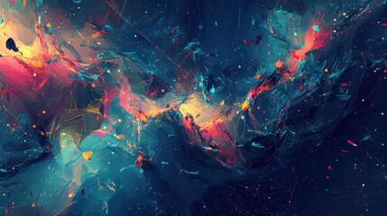 Obraz premium A futuristic canvas of low-poly shapes, connected by intricate lines that pulsate with data energy, against a deep, midnight blue backdrop, evoking the boundless potential of big data visualization 