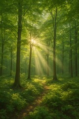 Obraz premium A high-resolution, photorealistic image of a vibrant green forest with tall trees and dense foliage.