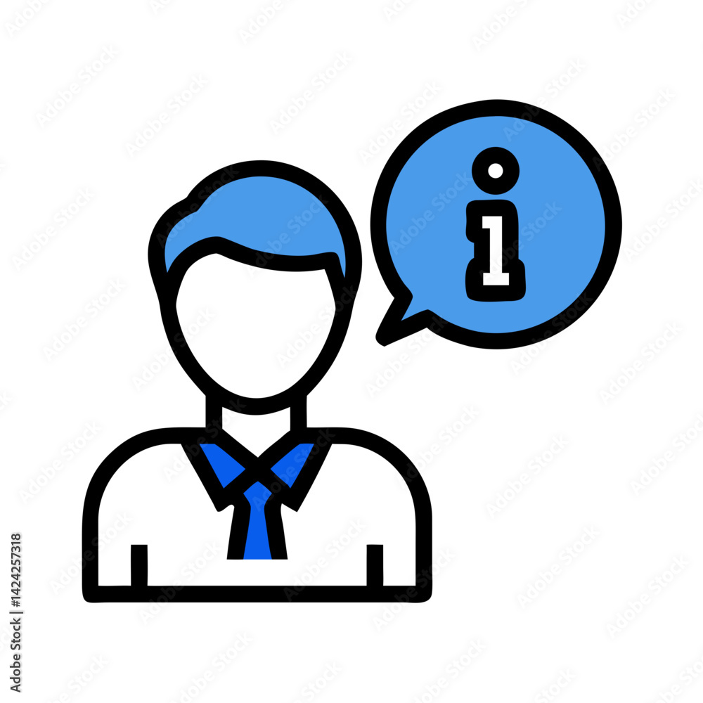 Poster person with info bubble icon representing customer assistance