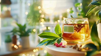 A highresolution closeup of a functional tea blend with glowing labels indicating its calming and detoxifying properties with space for text in the center.jpeg