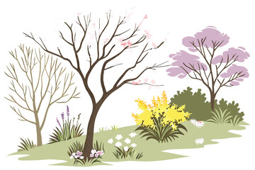 14 Watercolor trees and bushes, vibrant spring colors, botanical illustration, pastel pink cherry blossom, lush yellow forsythia, delicate purple lilac, green foliage, isolated flora elements, landsca