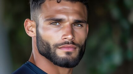 Fototapeta premium Close-up portrait of a man with a confident, focused expression. He has short dark hair, a trimmed beard, and light brown eyes