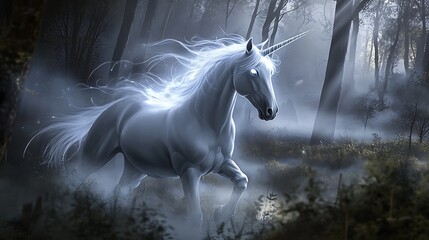 mane white horse with a flowing Ethereal