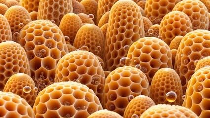 Microscopic view of honeycomb structures with bubbles  