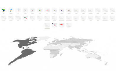 American Maps in Gray with National Flags. Gray World Map Featuring America