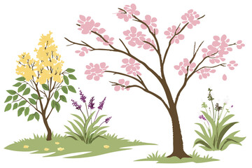 Obraz premium 14 Watercolor trees and bushes, vibrant spring colors, botanical illustration, pastel pink cherry blossom, lush yellow forsythia, delicate purple lilac, green foliage, isolated flora elements, landsca