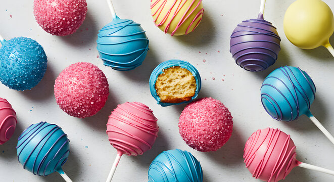 Colorful Cake Pops Display With Diverse Designs And Flavors Arrangement