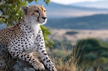 A cheetah lounging on the top of an African hill