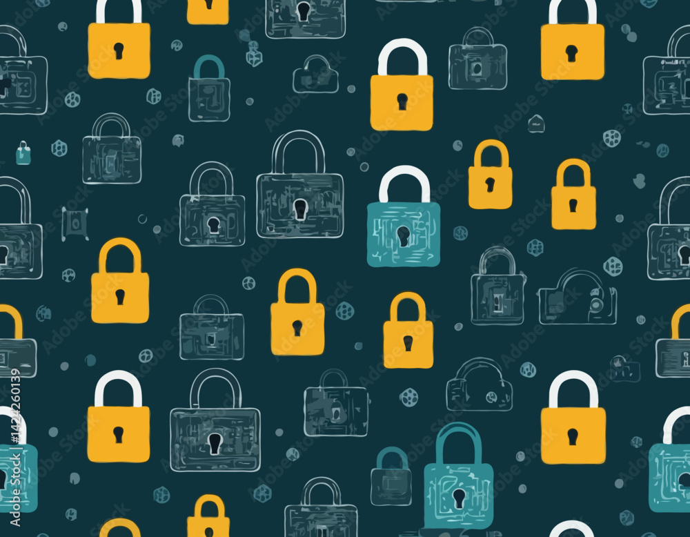 Poster visual representations of data security with padlocks and circuit patterns showcasing cybersecurity 