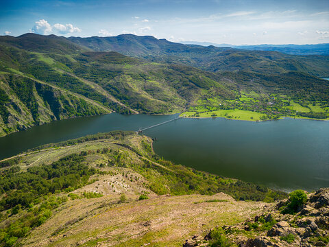 Drone view of the ancient Monyak fortress located on a hill near Kardzhali, Bulgaria. Panoramic view of the ancient Monyak fortress located on a hill on the shore of the dam Studen Kladenets near Kard