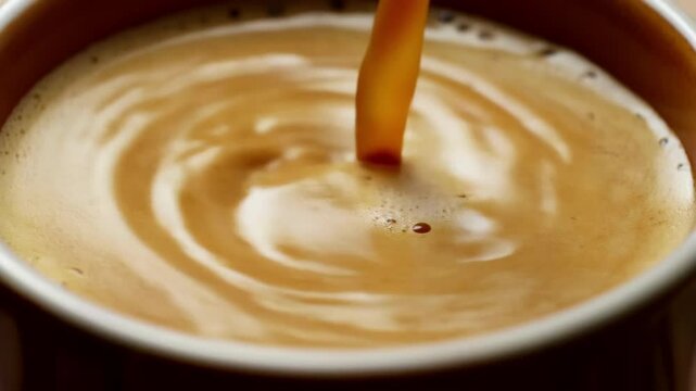Close-up of steaming coffee being poured into a ceramic cup, creating swirls of rich brown tones. Warm, inviting atmosphere