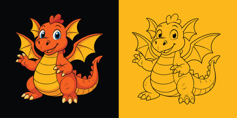 Fototapeta premium Cute Cartoon Dragon Character - Color and Line Art Version