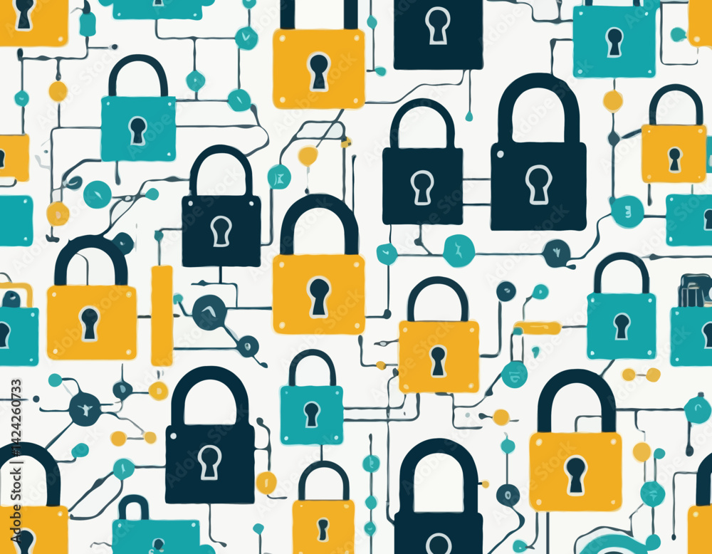 Poster visual representations of data security with padlocks and circuit patterns showcasing cybersecurity 