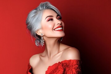 Elegant mature woman with stunning gray hair and glamorous makeup smiling confidently in a stylish red off-the-shoulder dress against a vibrant red backdrop © Oleh
