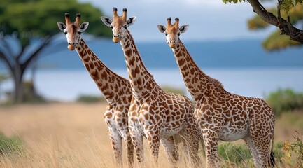Fototapeta premium A group of giraffes standing in an open field, with the vast savanna behind them and some acacia trees near their feet.