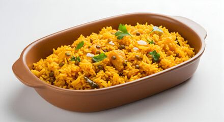 Flavorful Yellow Rice Dish Garnished With Herbs Served in Ceramic Bowl
