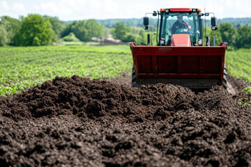 Obraz premium Tractor plowing a field, preparing soil for planting crops under a clear sky.